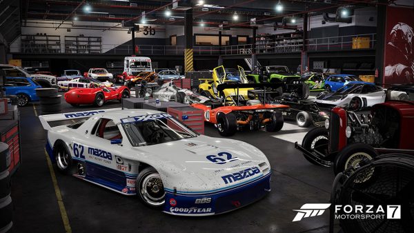 Forza Motorsport 7 hangar with cars