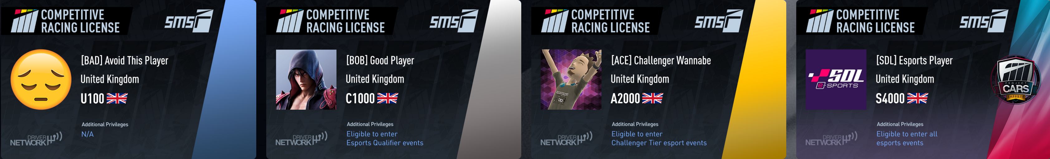 Project CARS 2 competitive racing licenses examples
