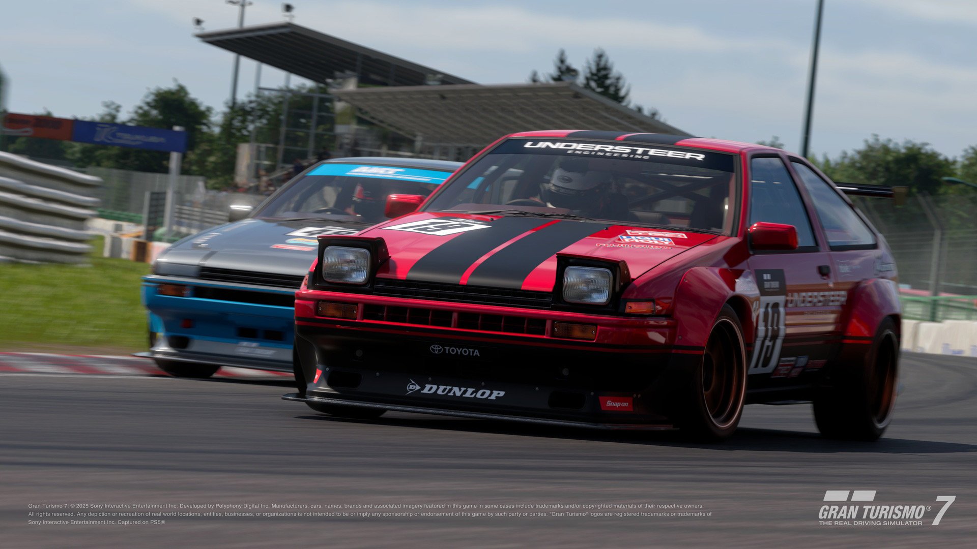 Gran Turismo 7 Power Pack AE86 race showcasing close battles against Sophy AI.