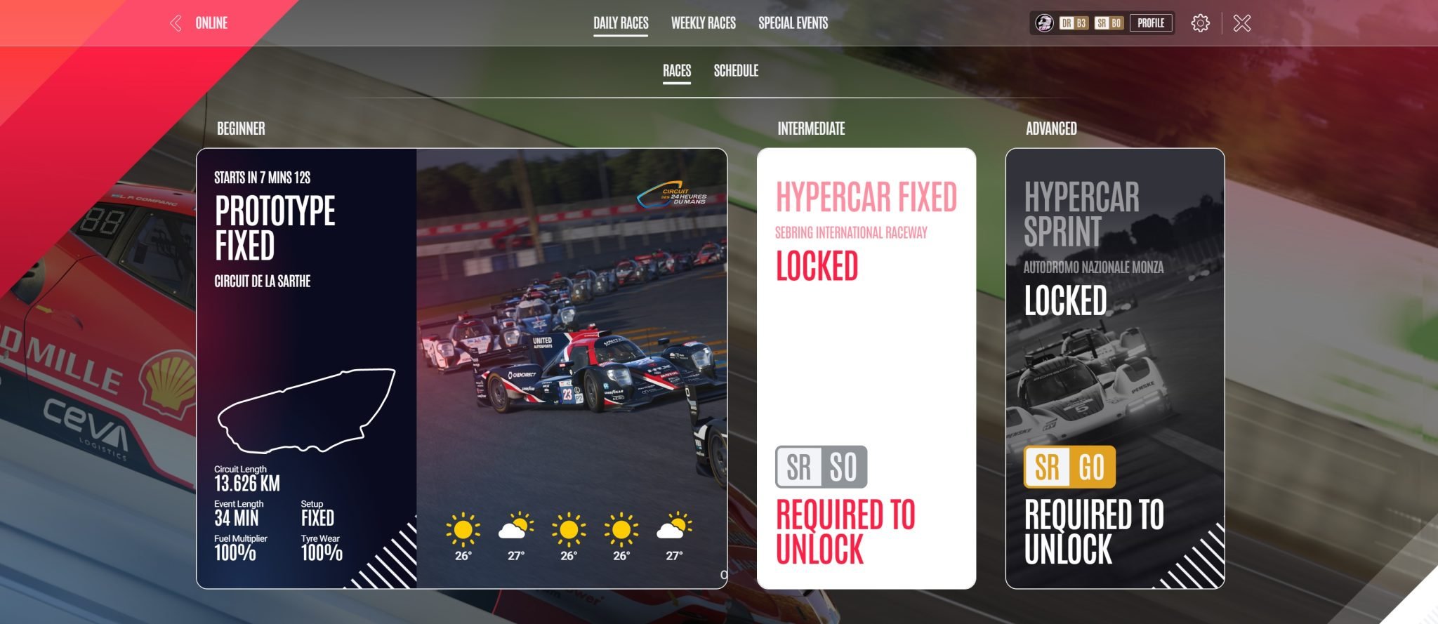 LMU daily races menu showing beginner, intermediate, and advanced race tiers