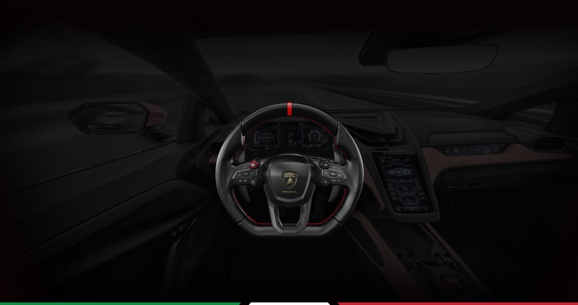 MOZA Revuelto sim racing wheel inside Lamborghini cockpit replica