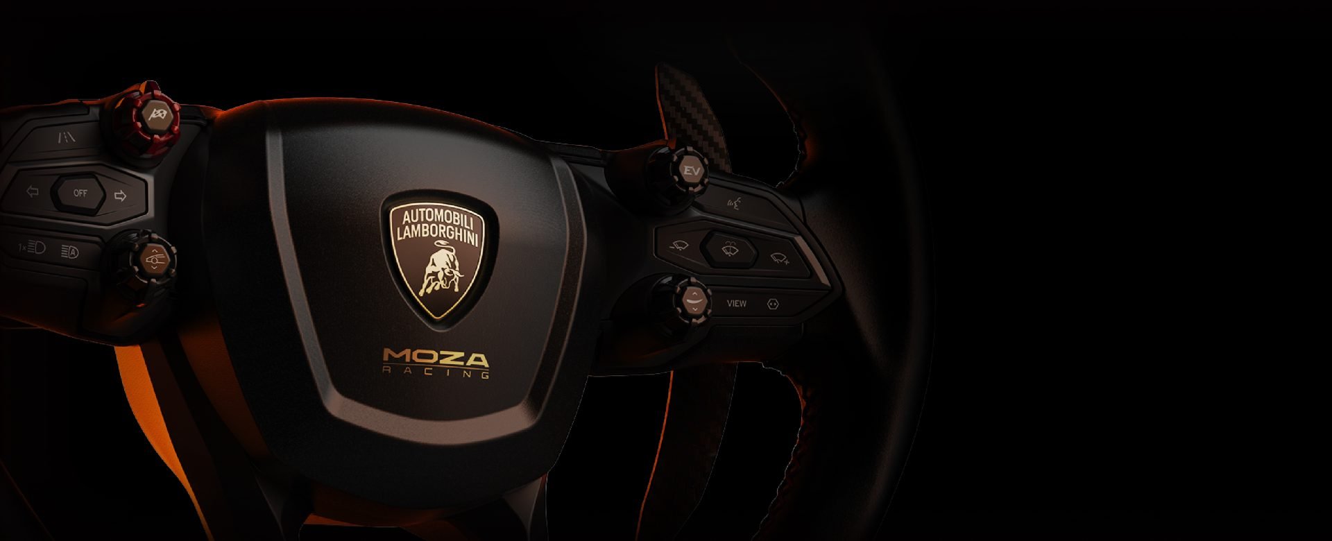 MOZA Revuelto wheel carbon fiber paddles and Lamborghini badge detail