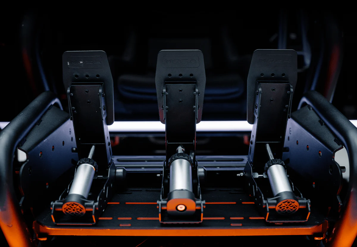 MOZA SRP2 brake system with elastomer stack showing load cell pedal resistance tuning