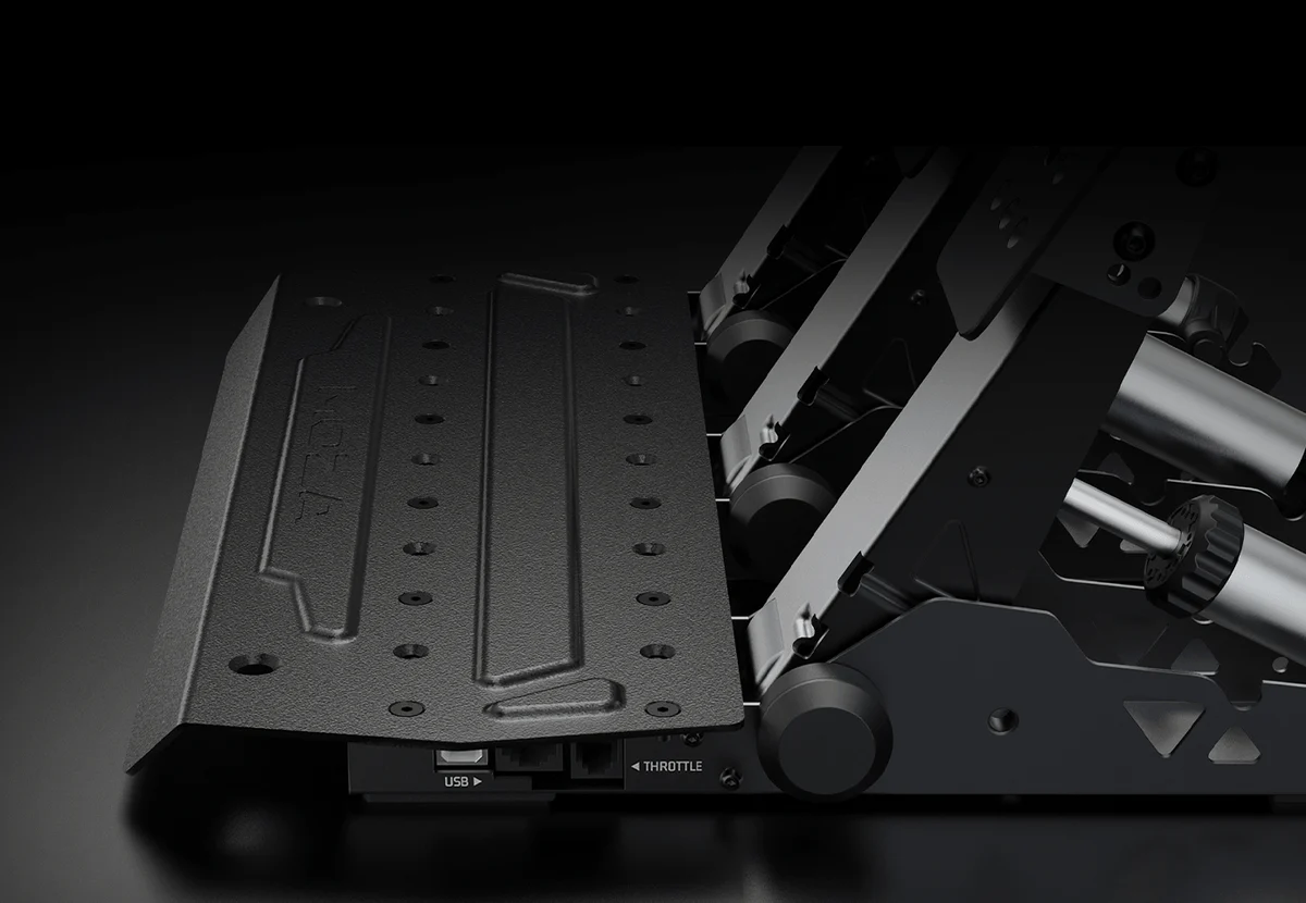 MOZA SRP2 pedals base showing mounting plate USB connection and adjustable positioning system
