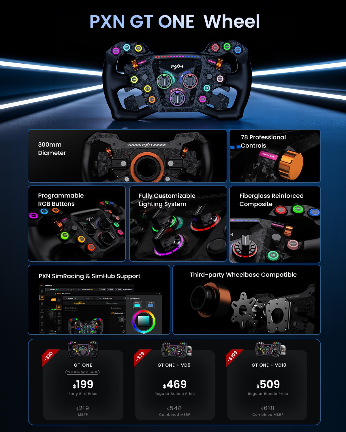 PXN GT ONE features including 78 inputs RGB lighting and SimHub support