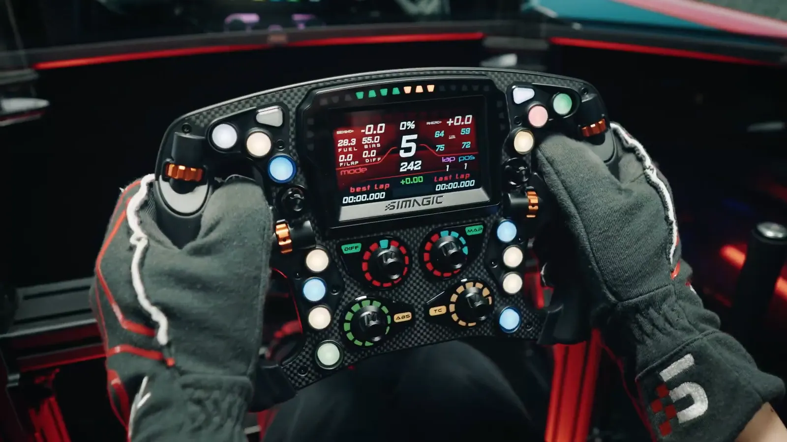Simagic new wheels Zeus Formula steering wheel shown in drift promotion