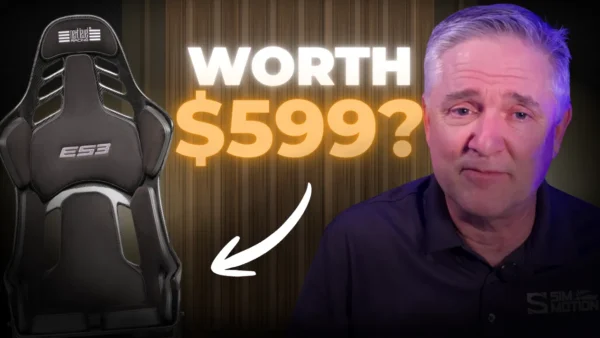 Next Level Racing ES3 review thumbnail showing the ES3 racing seat next to Darin from Inside Sim Racing