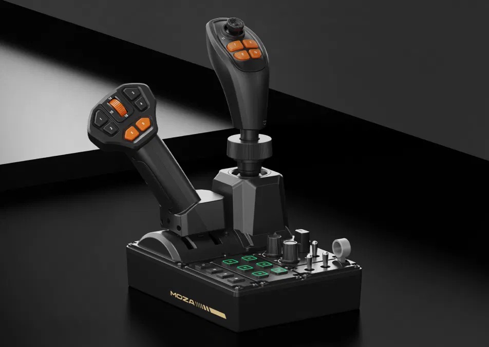 Moza FCS review hardware unit with joystick, throttle, and RGB button panel