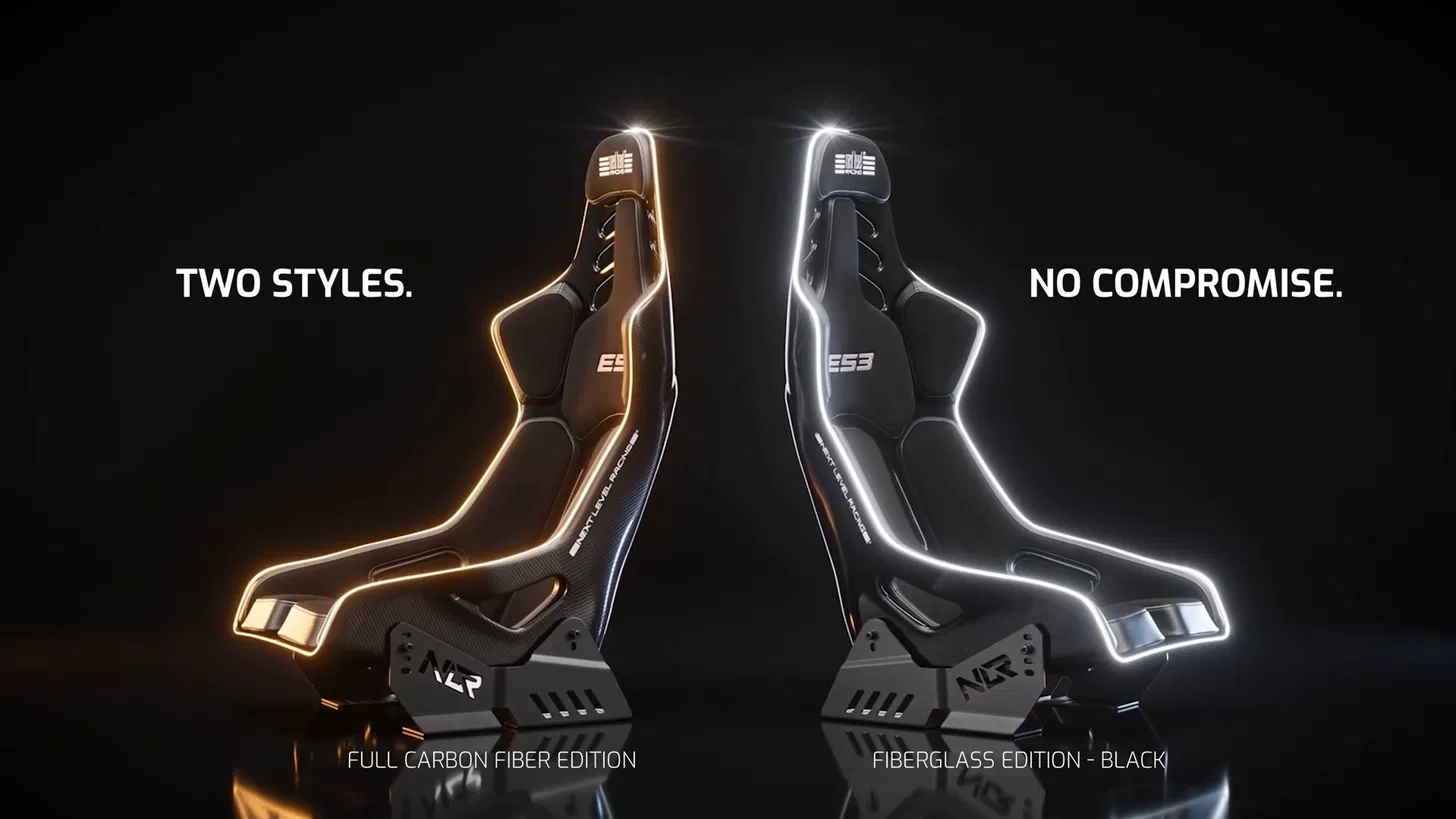 Next Level Racing ES3 seat shown in carbon fiber and fiberglass editions side by side