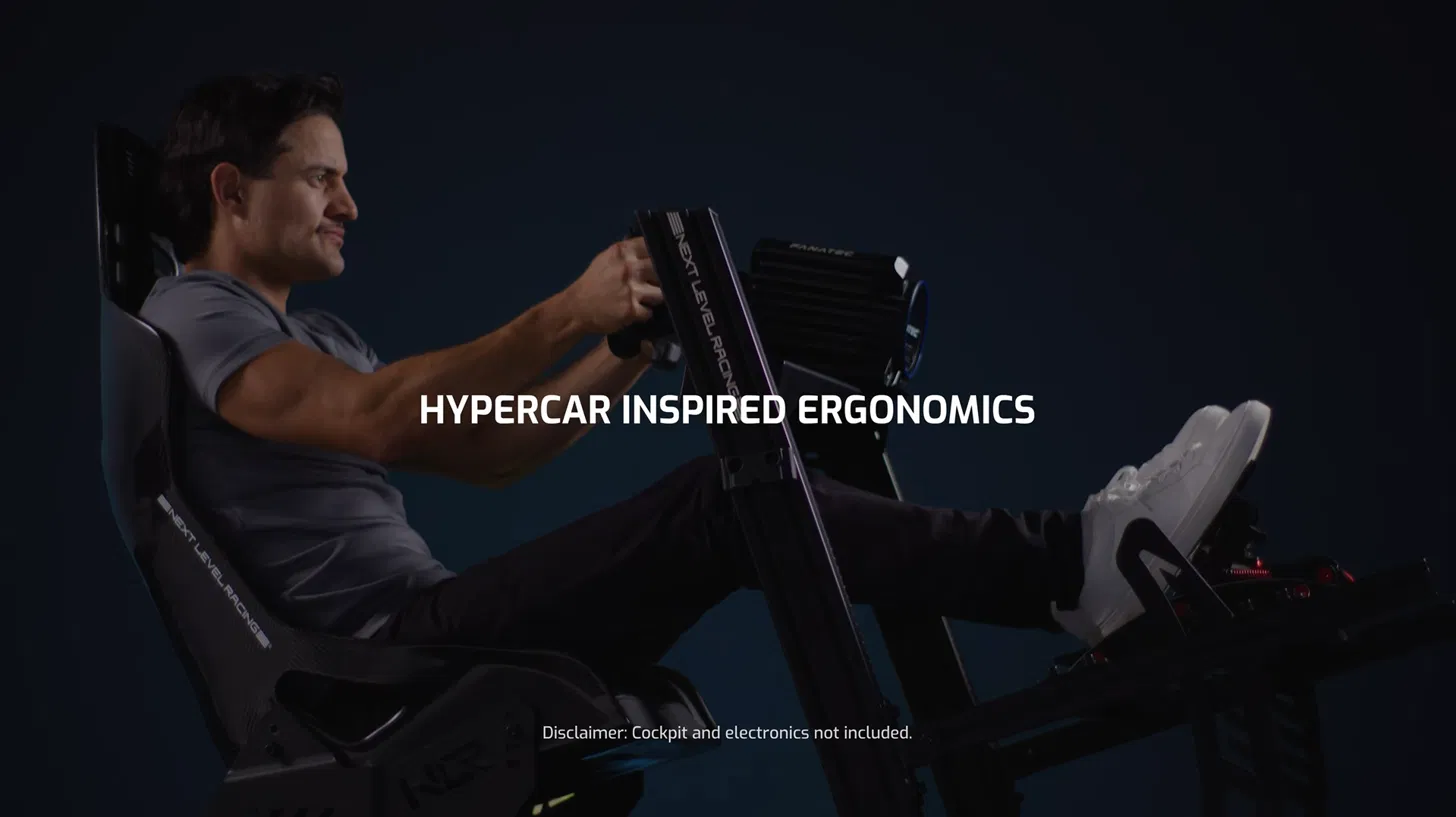 Sim racer reclined in the Next Level Racing ES3 seat demonstrating a hypercar-inspired driving position