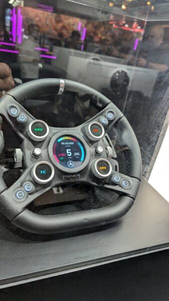 MOZA x Mercedes-Benz GT steering wheel with center display and ERS, TC, BB, ABS controls, shown at Gamescom 2026