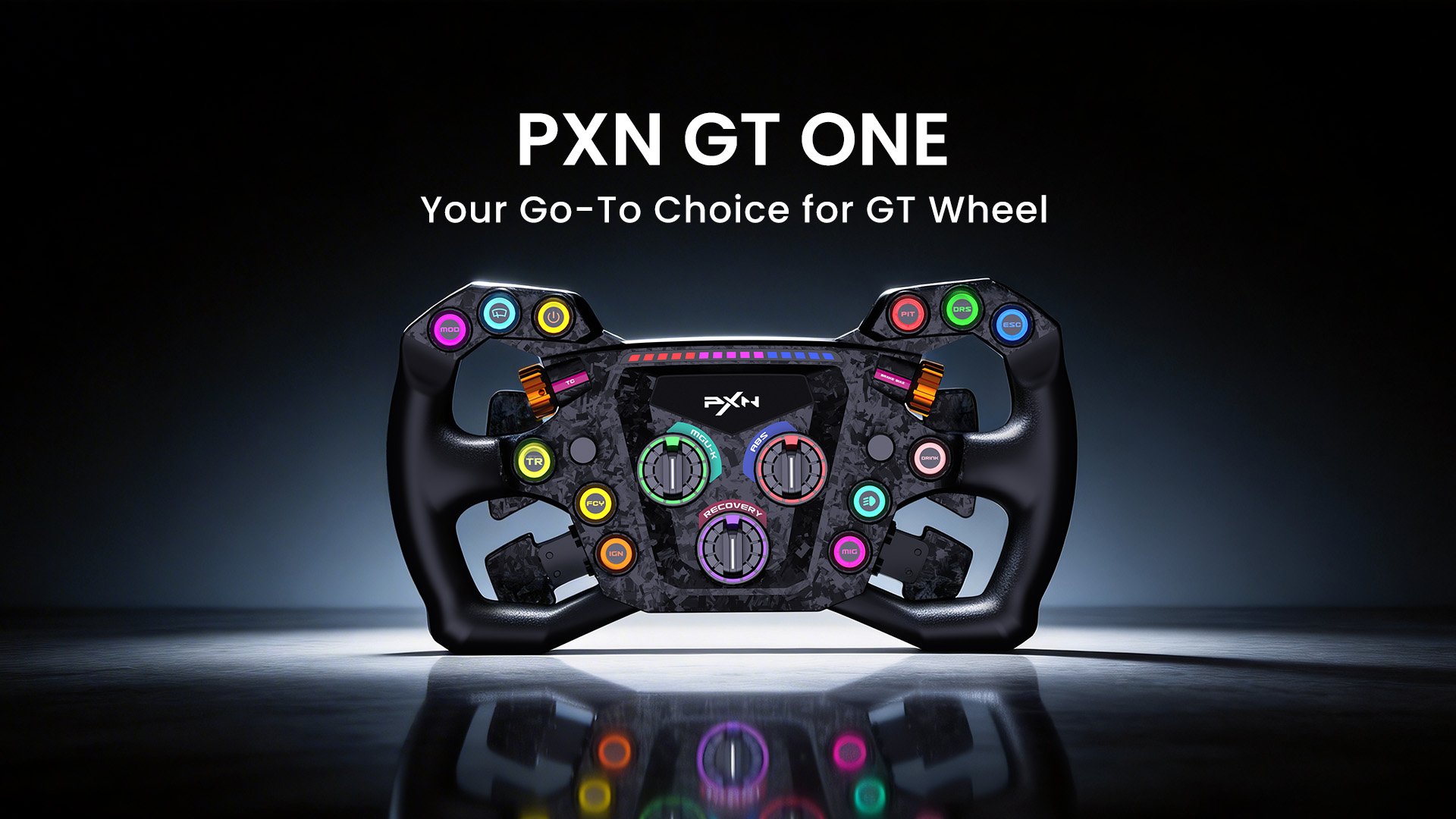 PXN GT ONE steering wheel front view with RGB buttons and encoders