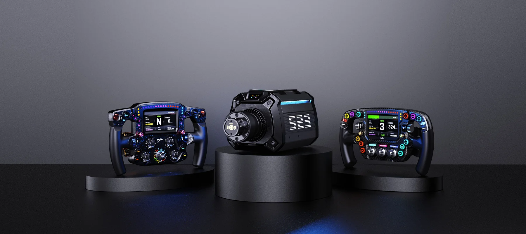 PXN Gamescom 2026 lineup featuring two Formula steering wheels and the S-Series direct drive base
