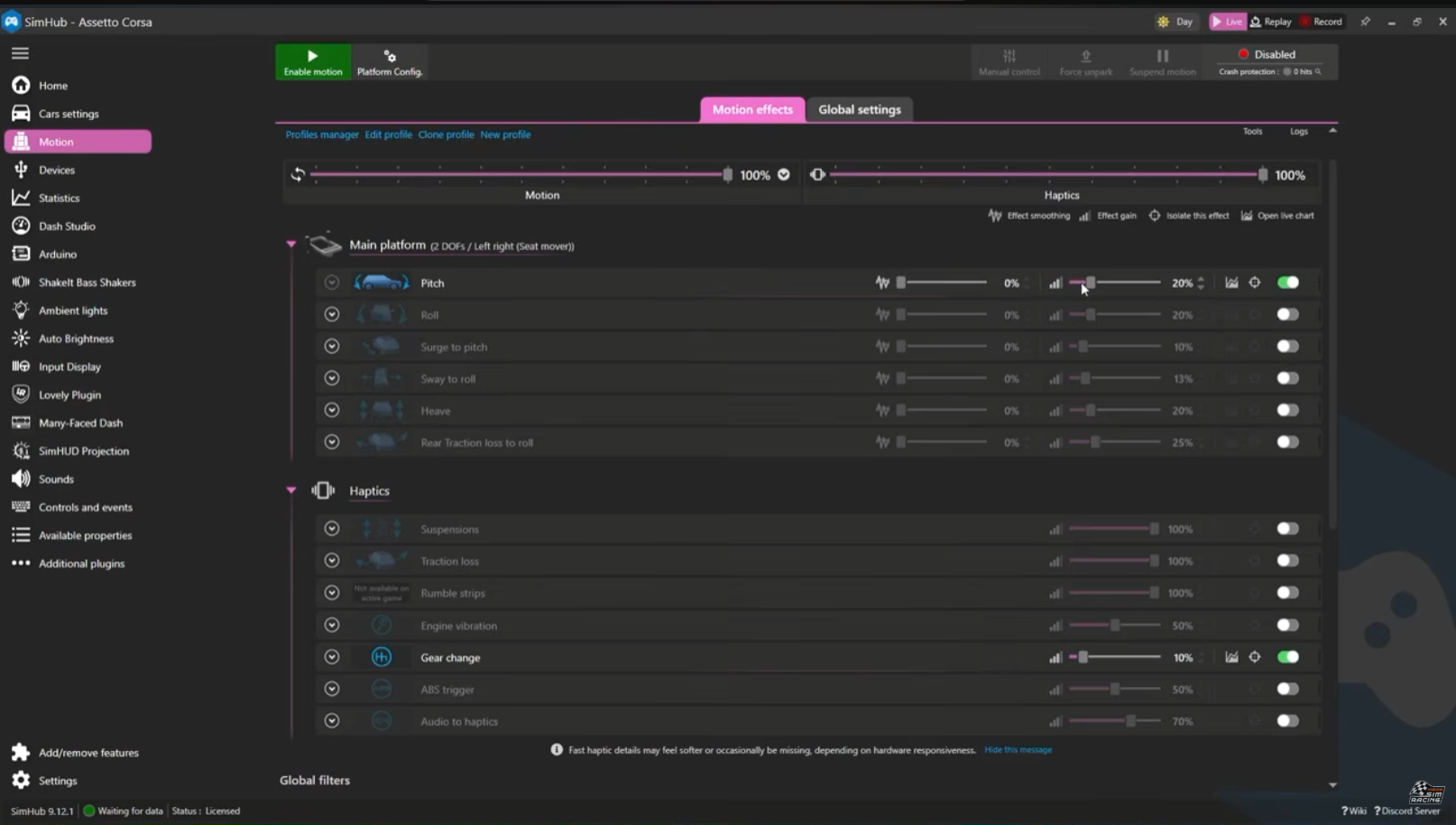 SimHub motion settings used to tune the DX2 Ultra one effect at a time