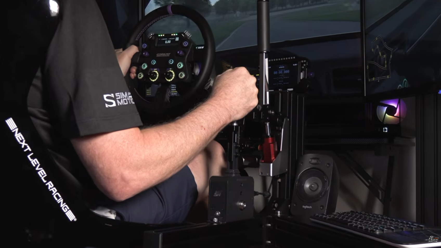 Sim racer using the SimNet SSQ-1 sequential shifter in Assetto Corsa Rally