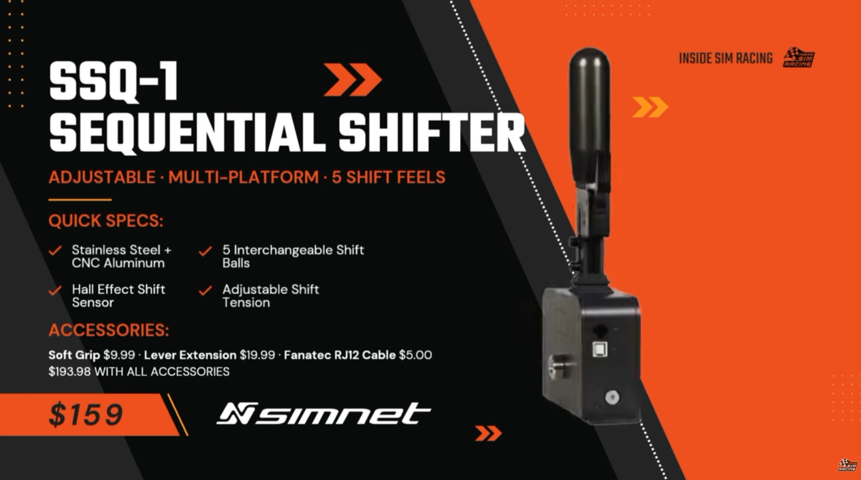 SimNet SSQ-1 sequential shifter with optional soft grip and lever extension accessories